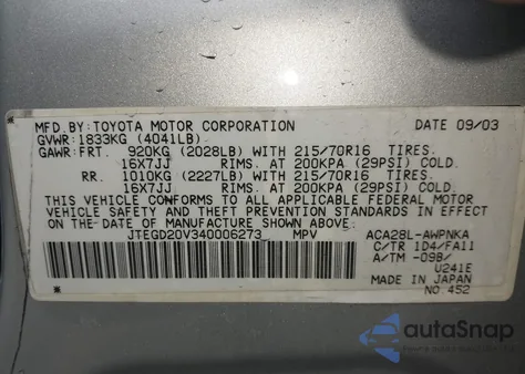 2004 Toyota Rav4 из США, поврежденный, VIN JTEGD20V340006273